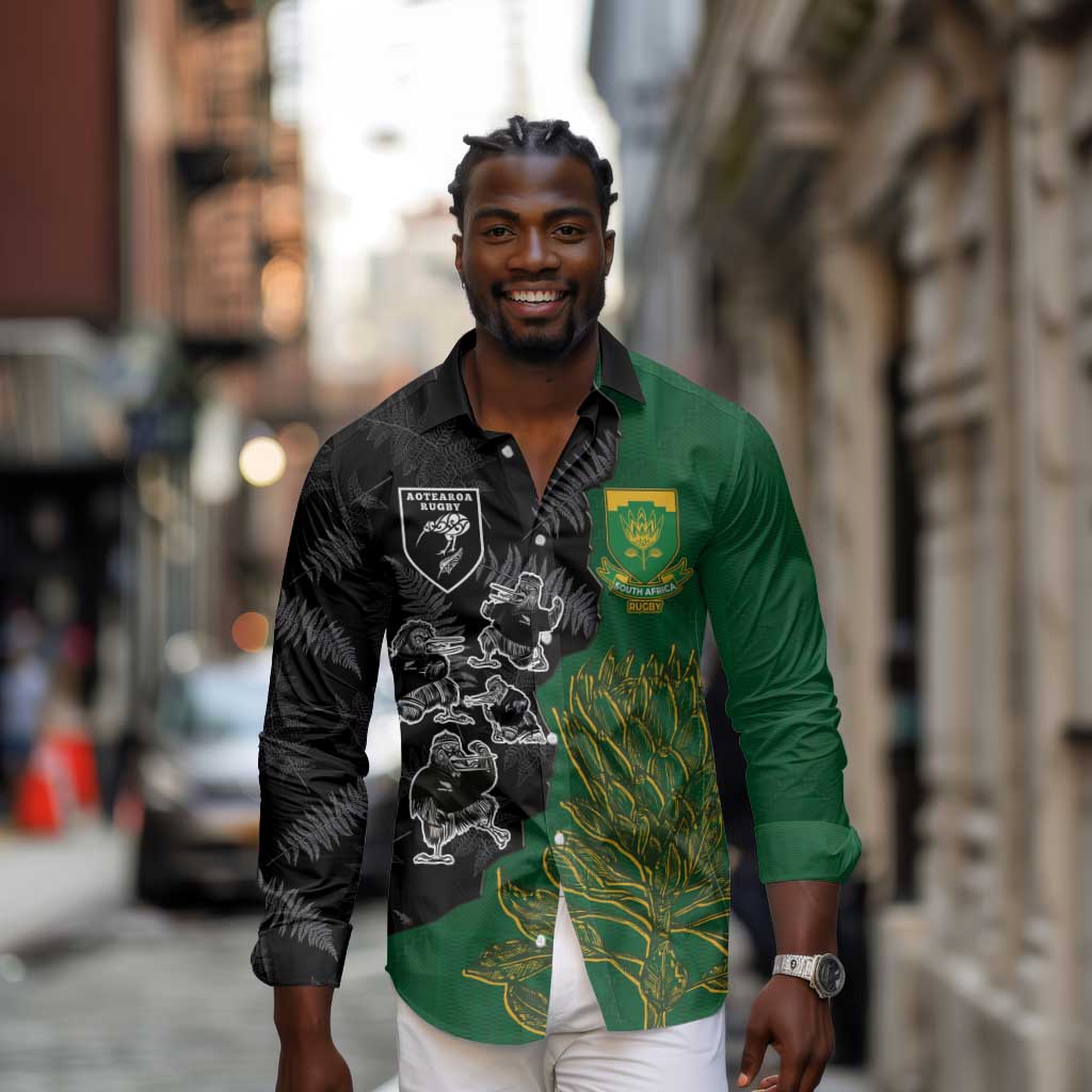 Custom Aotearoa South Africa Rugby Freedom Cup Long Sleeve Button Shirt Kiwi Warriors Haka with King Protea Symbol - African Pride