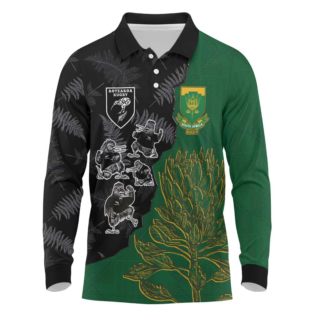 Custom Aotearoa South Africa Rugby Freedom Cup Long Sleeve Polo Shirt Kiwi Warriors Haka with King Protea Symbol - African Pride