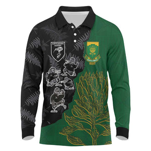 Custom Aotearoa South Africa Rugby Freedom Cup Long Sleeve Polo Shirt Kiwi Warriors Haka with King Protea Symbol - African Pride