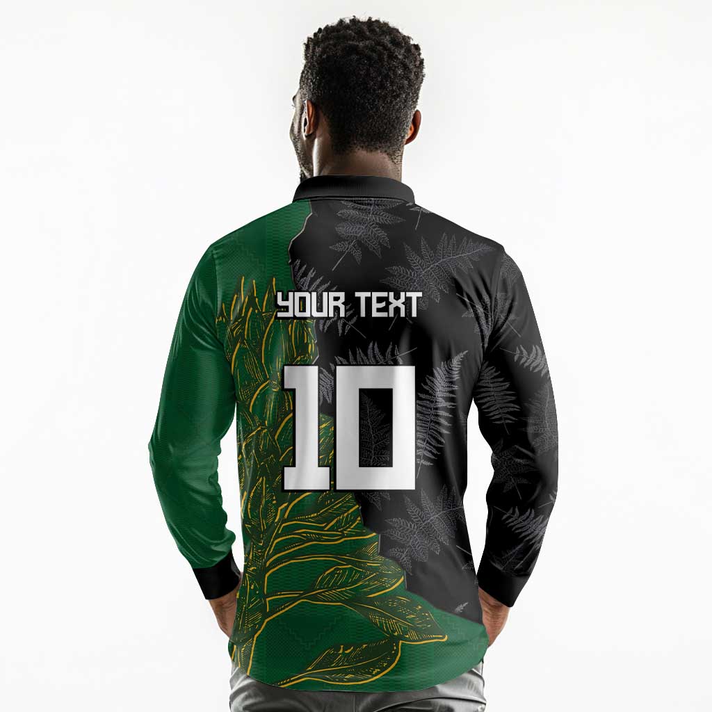 Custom Aotearoa South Africa Rugby Freedom Cup Long Sleeve Polo Shirt Kiwi Warriors Haka with King Protea Symbol - African Pride