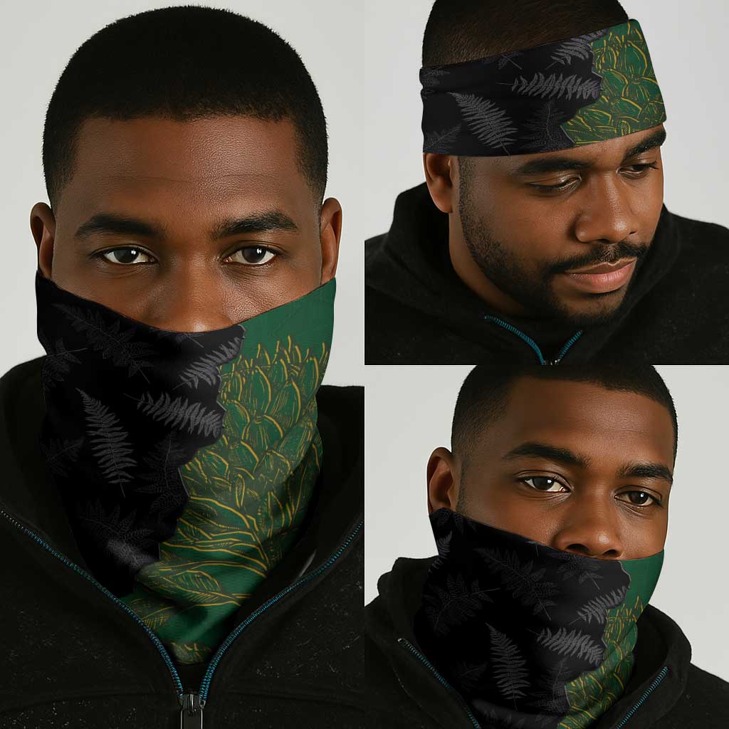 Aotearoa South Africa Rugby Freedom Cup Neck Gaiter Kiwi Warriors Haka with King Protea Symbol - African Pride