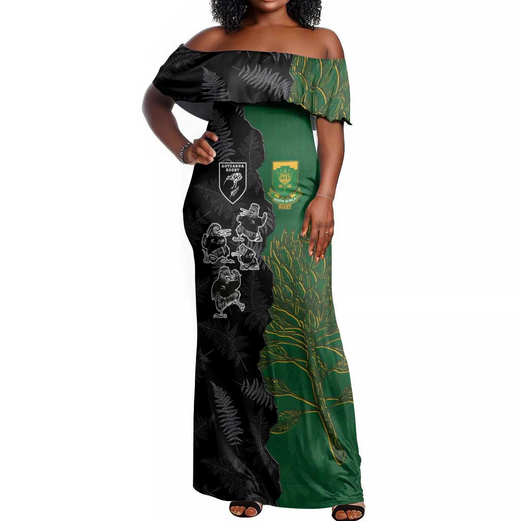 Custom Aotearoa South Africa Rugby Freedom Cup Off Shoulder Maxi Dress Kiwi Warriors Haka with King Protea Symbol - African Pride