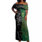Custom Aotearoa South Africa Rugby Freedom Cup Off Shoulder Maxi Dress Kiwi Warriors Haka with King Protea Symbol - African Pride