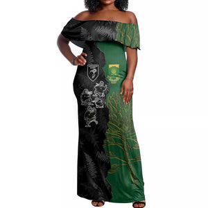 Custom Aotearoa South Africa Rugby Freedom Cup Off Shoulder Maxi Dress Kiwi Warriors Haka with King Protea Symbol - African Pride