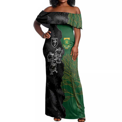 Custom Aotearoa South Africa Rugby Freedom Cup Off Shoulder Maxi Dress Kiwi Warriors Haka with King Protea Symbol - African Pride