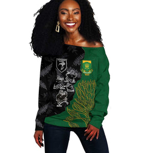 Custom Aotearoa South Africa Rugby Freedom Cup Off Shoulder Sweater Kiwi Warriors Haka with King Protea Symbol - African Pride