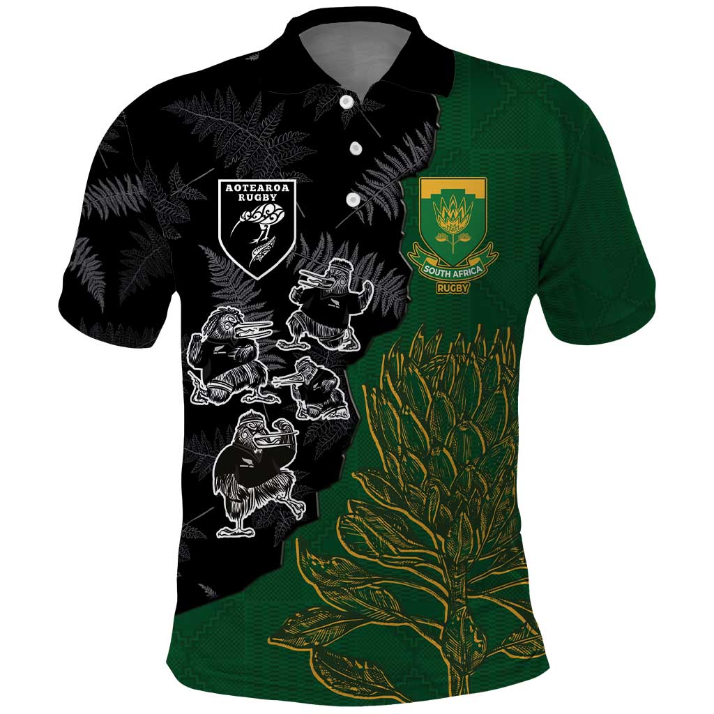 Custom Aotearoa South Africa Rugby Freedom Cup Polo Shirt Kiwi Warriors Haka with King Protea Symbol - African Pride