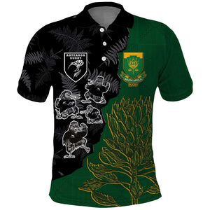 Custom Aotearoa South Africa Rugby Freedom Cup Polo Shirt Kiwi Warriors Haka with King Protea Symbol - African Pride