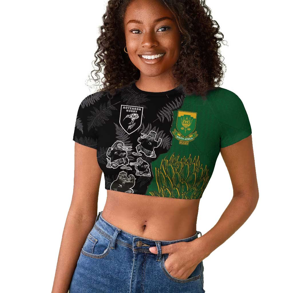 Custom Aotearoa South Africa Rugby Freedom Cup Raglan Cropped T shirt Kiwi Warriors Haka with King Protea Symbol - African Pride