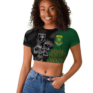 Custom Aotearoa South Africa Rugby Freedom Cup Raglan Cropped T shirt Kiwi Warriors Haka with King Protea Symbol - African Pride