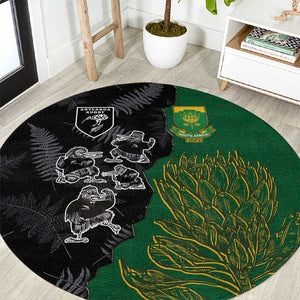 Aotearoa South Africa Rugby Freedom Cup Round Carpet Kiwi Warriors Haka with King Protea Symbol - African Pride