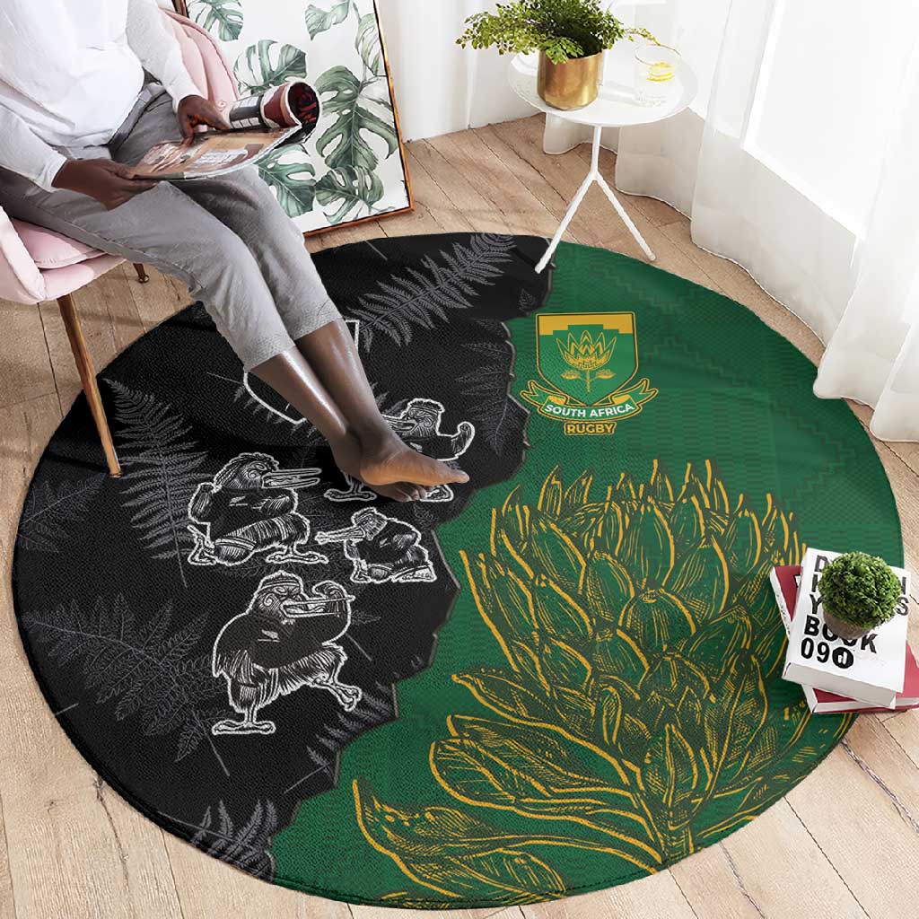 Aotearoa South Africa Rugby Freedom Cup Round Carpet Kiwi Warriors Haka with King Protea Symbol - African Pride