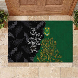 Aotearoa South Africa Rugby Freedom Cup Rubber Doormat Kiwi Warriors Haka with King Protea Symbol - African Pride