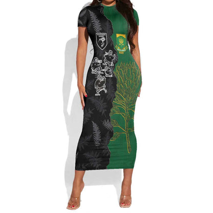 Custom Aotearoa South Africa Rugby Freedom Cup Short Sleeve Bodycon Dress Kiwi Warriors Haka with King Protea Symbol - African Pride