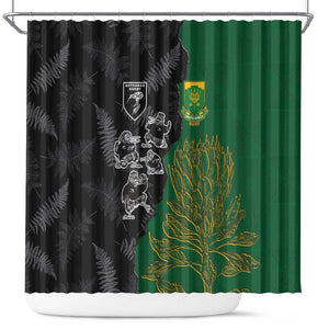 Aotearoa South Africa Rugby Freedom Cup Shower Curtain Kiwi Warriors Haka with King Protea Symbol - African Pride