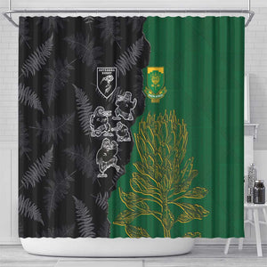 Aotearoa South Africa Rugby Freedom Cup Shower Curtain Kiwi Warriors Haka with King Protea Symbol - African Pride