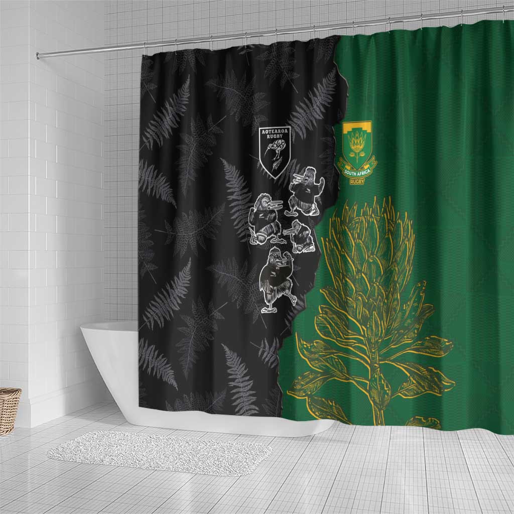 Aotearoa South Africa Rugby Freedom Cup Shower Curtain Kiwi Warriors Haka with King Protea Symbol - African Pride