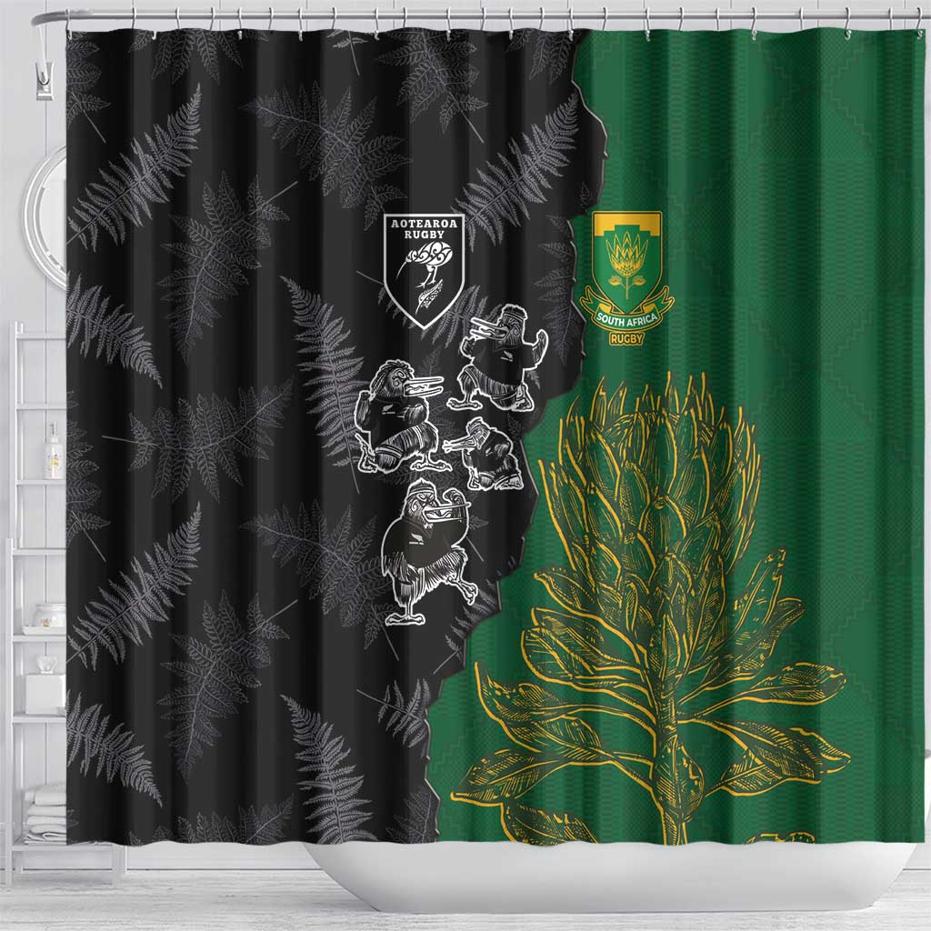 Aotearoa South Africa Rugby Freedom Cup Shower Curtain Kiwi Warriors Haka with King Protea Symbol - African Pride
