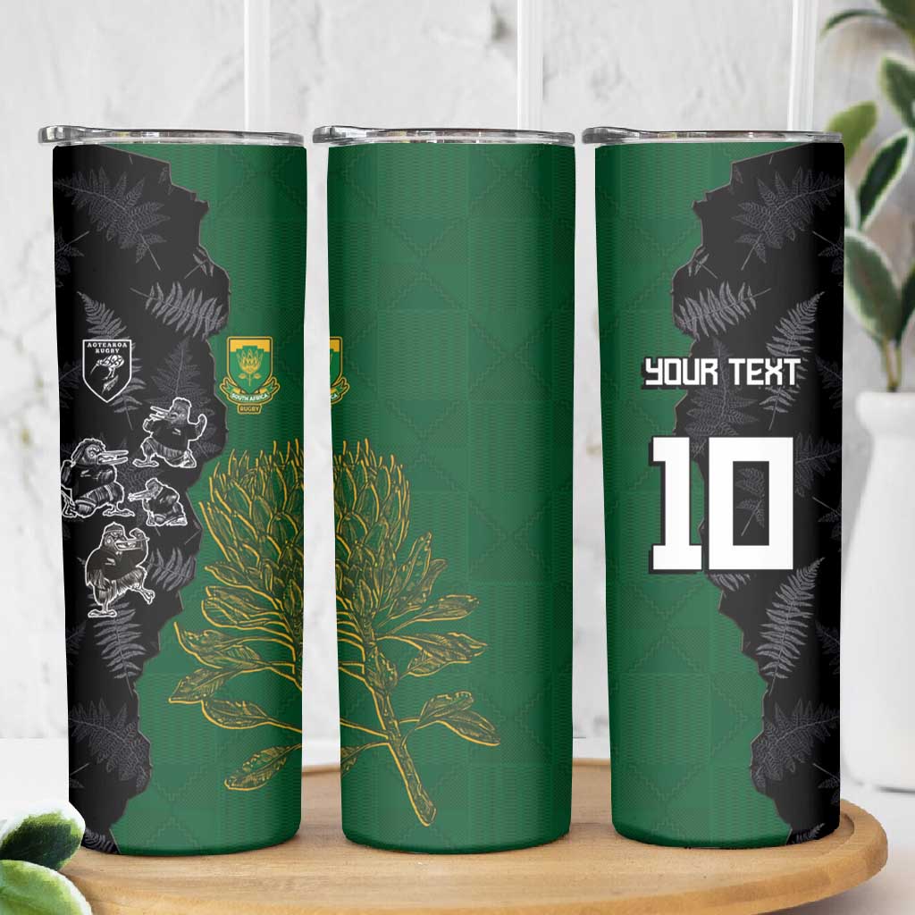 Custom Aotearoa South Africa Rugby Freedom Cup Skinny Tumbler Kiwi Warriors Haka with King Protea Symbol - African Pride