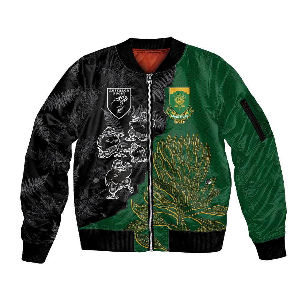 Custom Aotearoa South Africa Rugby Freedom Cup Sleeve Zip Bomber Jacket Kiwi Warriors Haka with King Protea Symbol - African Pride