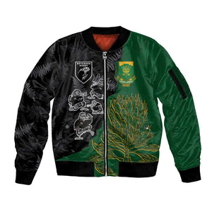 Custom Aotearoa South Africa Rugby Freedom Cup Sleeve Zip Bomber Jacket Kiwi Warriors Haka with King Protea Symbol - African Pride