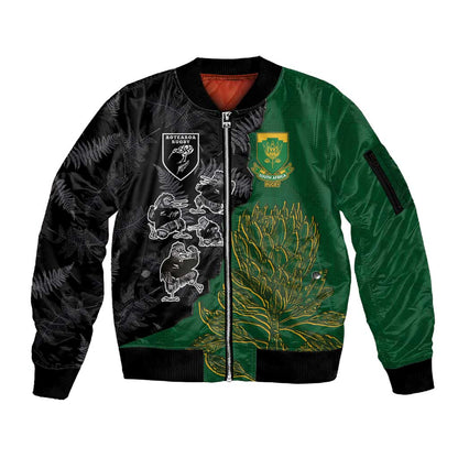 Custom Aotearoa South Africa Rugby Freedom Cup Sleeve Zip Bomber Jacket Kiwi Warriors Haka with King Protea Symbol - African Pride