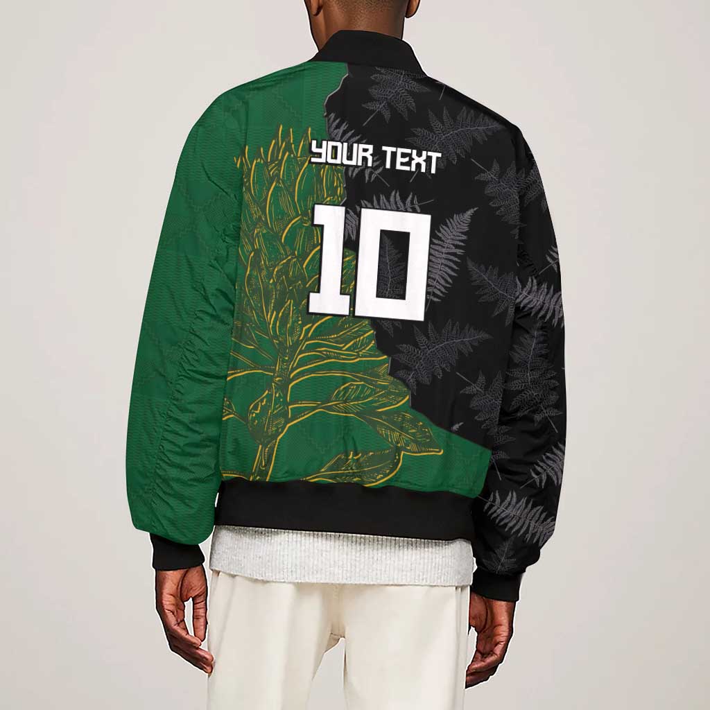 Custom Aotearoa South Africa Rugby Freedom Cup Sleeve Zip Bomber Jacket Kiwi Warriors Haka with King Protea Symbol - African Pride