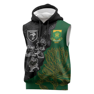 Custom Aotearoa South Africa Rugby Freedom Cup Sleeveless Hoodie Kiwi Warriors Haka with King Protea Symbol - African Pride