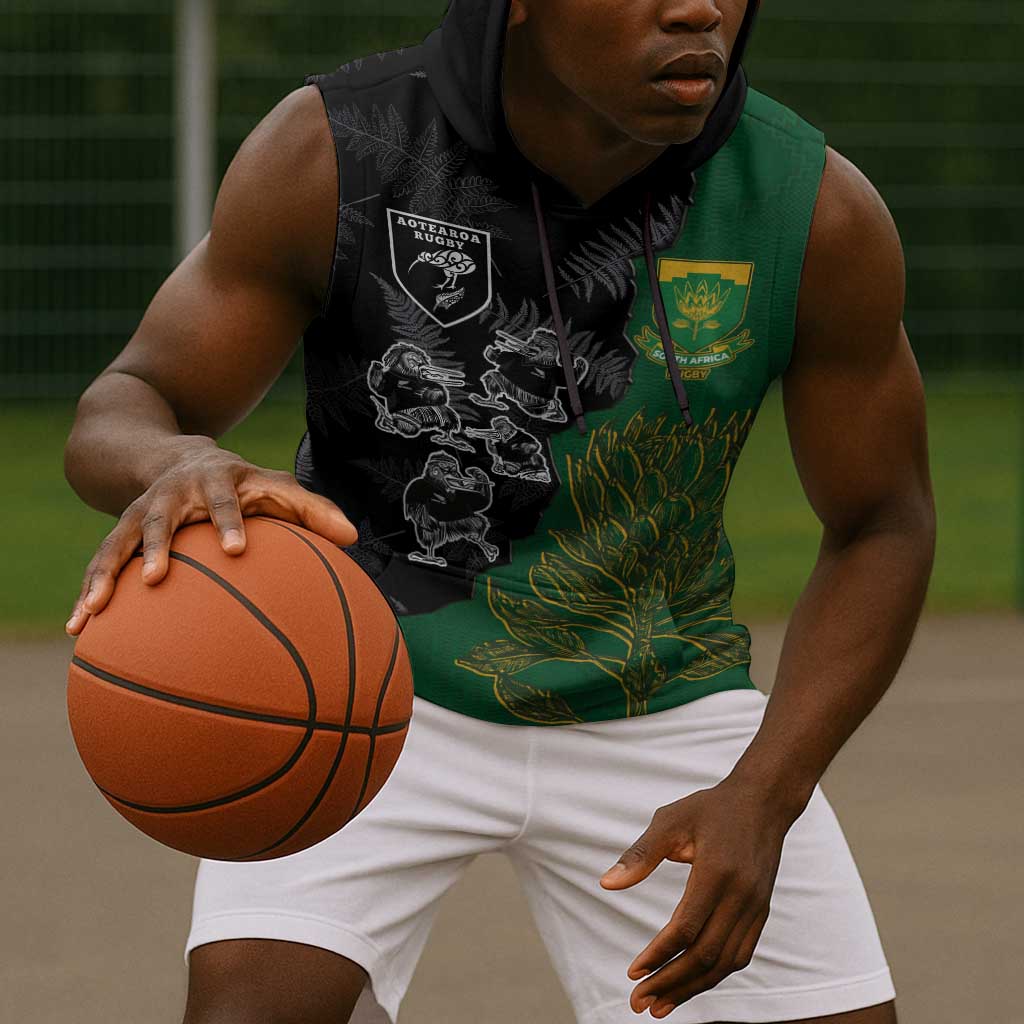 Custom Aotearoa South Africa Rugby Freedom Cup Sleeveless Hoodie Kiwi Warriors Haka with King Protea Symbol - African Pride