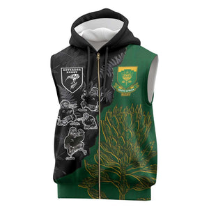 Custom Aotearoa South Africa Rugby Freedom Cup Sleeveless Zip Hoodie Kiwi Warriors Haka with King Protea Symbol - African Pride