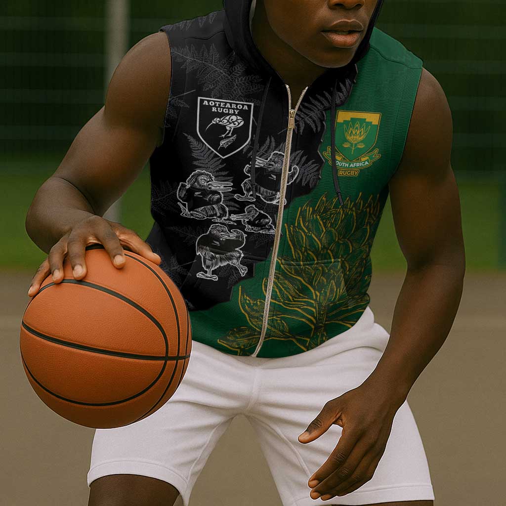 Custom Aotearoa South Africa Rugby Freedom Cup Sleeveless Zip Hoodie Kiwi Warriors Haka with King Protea Symbol - African Pride
