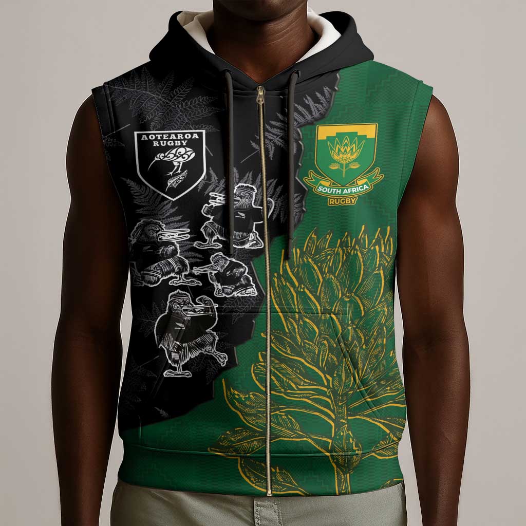 Custom Aotearoa South Africa Rugby Freedom Cup Sleeveless Zip Hoodie Kiwi Warriors Haka with King Protea Symbol - African Pride