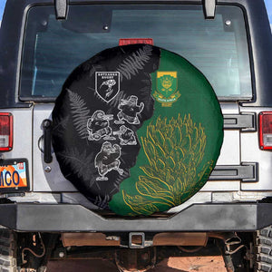 Aotearoa South Africa Rugby Freedom Cup Spare Tire Cover Kiwi Warriors Haka with King Protea Symbol - African Pride