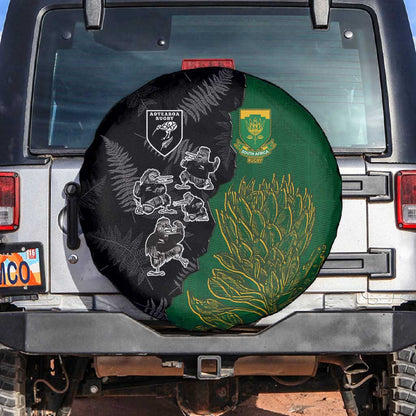 Aotearoa South Africa Rugby Freedom Cup Spare Tire Cover Kiwi Warriors Haka with King Protea Symbol - African Pride