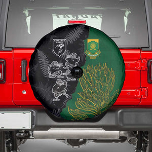 Aotearoa South Africa Rugby Freedom Cup Spare Tire Cover Kiwi Warriors Haka with King Protea Symbol - African Pride
