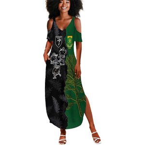 Custom Aotearoa South Africa Rugby Freedom Cup Summer Maxi Dress Kiwi Warriors Haka with King Protea Symbol - African Pride