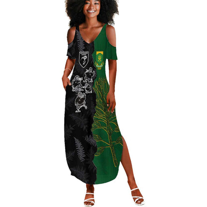 Custom Aotearoa South Africa Rugby Freedom Cup Summer Maxi Dress Kiwi Warriors Haka with King Protea Symbol - African Pride
