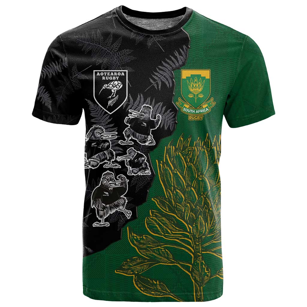 Custom Aotearoa South Africa Rugby Freedom Cup T shirt Kiwi Warriors Haka with King Protea Symbol - African Pride
