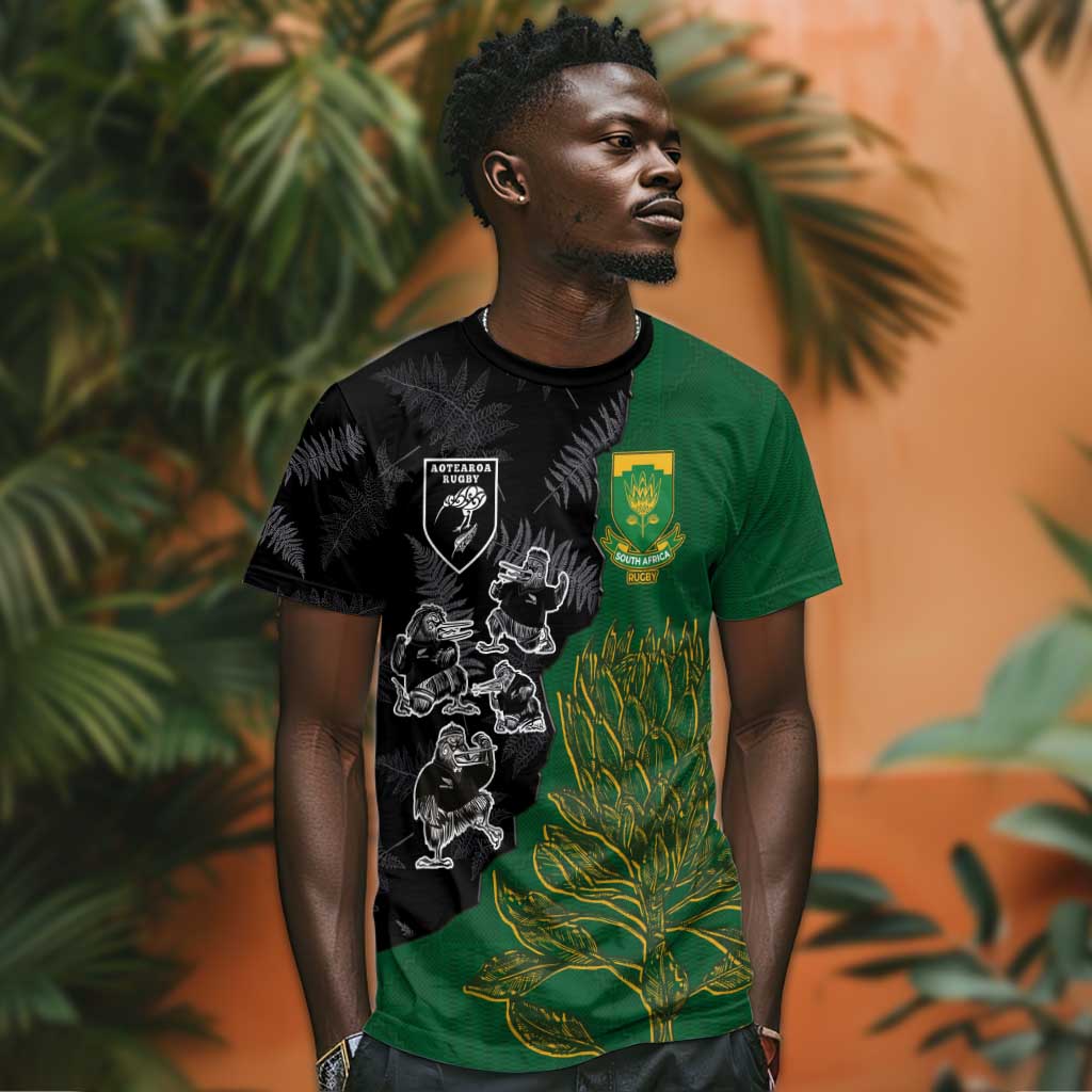 Custom Aotearoa South Africa Rugby Freedom Cup T shirt Kiwi Warriors Haka with King Protea Symbol - African Pride