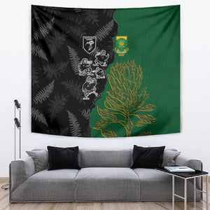 Aotearoa South Africa Rugby Freedom Cup Tapestry Kiwi Warriors Haka with King Protea Symbol - African Pride