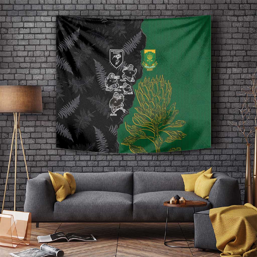 Aotearoa South Africa Rugby Freedom Cup Tapestry Kiwi Warriors Haka with King Protea Symbol - African Pride