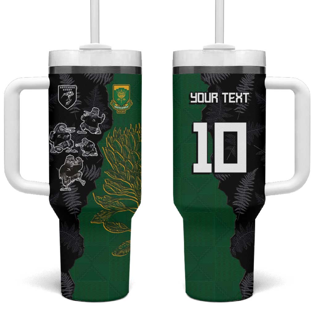 Custom Aotearoa South Africa Rugby Freedom Cup Tumbler With Handle Kiwi Warriors Haka with King Protea Symbol - African Pride