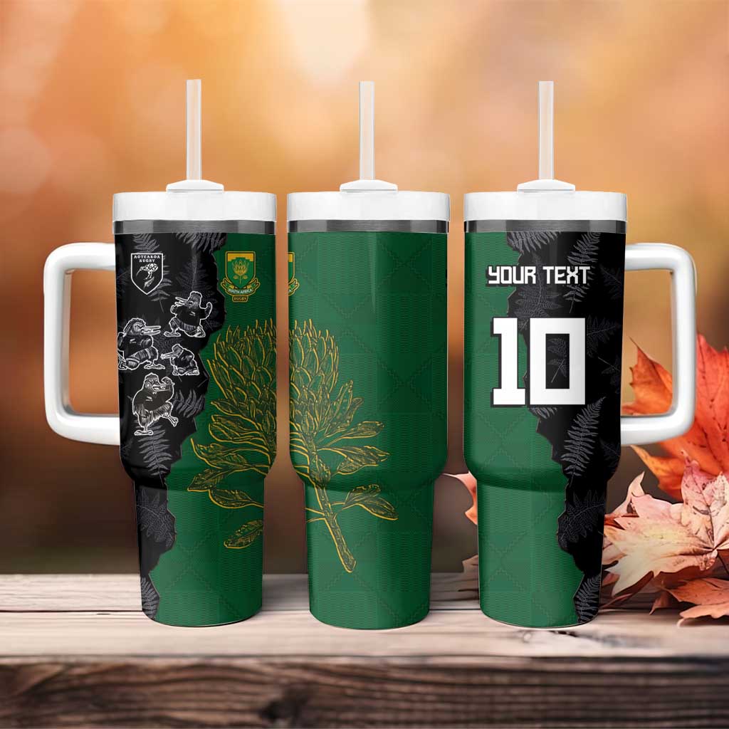Custom Aotearoa South Africa Rugby Freedom Cup Tumbler With Handle Kiwi Warriors Haka with King Protea Symbol - African Pride