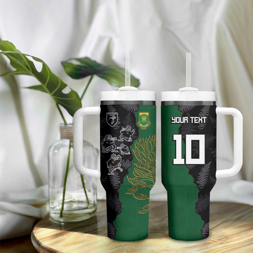 Custom Aotearoa South Africa Rugby Freedom Cup Tumbler With Handle Kiwi Warriors Haka with King Protea Symbol - African Pride