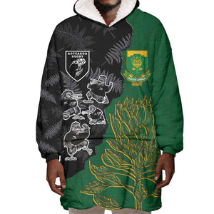 Custom Aotearoa South Africa Rugby Freedom Cup Wearable Blanket Hoodie Kiwi Warriors Haka with King Protea Symbol - African Pride