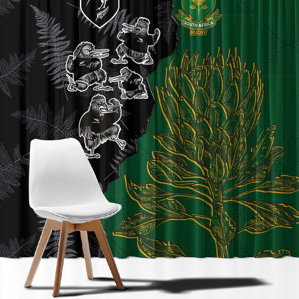 Aotearoa South Africa Rugby Freedom Cup Window Curtain Kiwi Warriors Haka with King Protea Symbol - African Pride