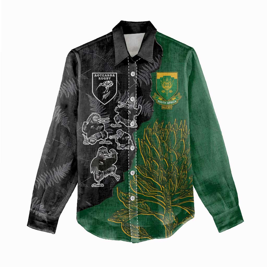 Custom Aotearoa South Africa Rugby Freedom Cup Women Casual Shirt Kiwi Warriors Haka with King Protea Symbol - African Pride