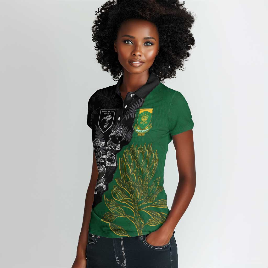 Custom Aotearoa South Africa Rugby Freedom Cup Women Polo Shirt Kiwi Warriors Haka with King Protea Symbol - African Pride