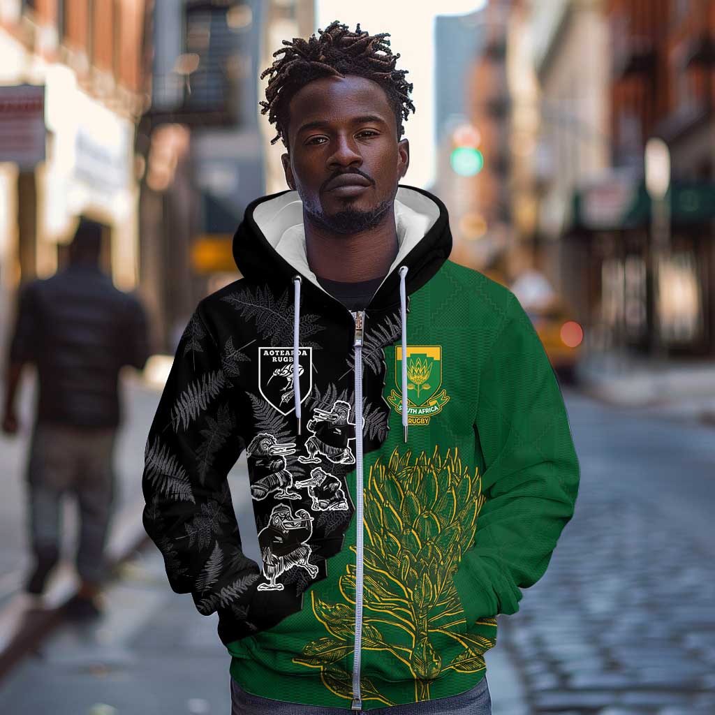 Custom Aotearoa South Africa Rugby Freedom Cup Zip Hoodie Kiwi Warriors Haka with King Protea Symbol - African Pride