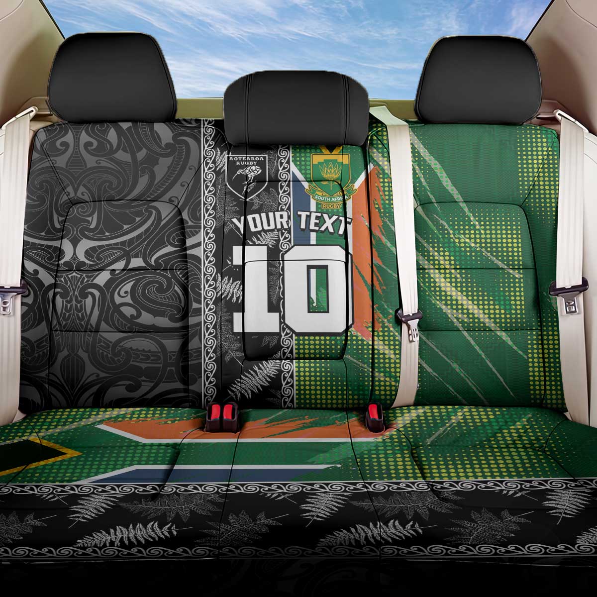 Custom Aotearoa South Africa Rugby Freedom Cup Back Car Seat Cover Maori Silver Fern Art and Sporty Flag SA - African Pride